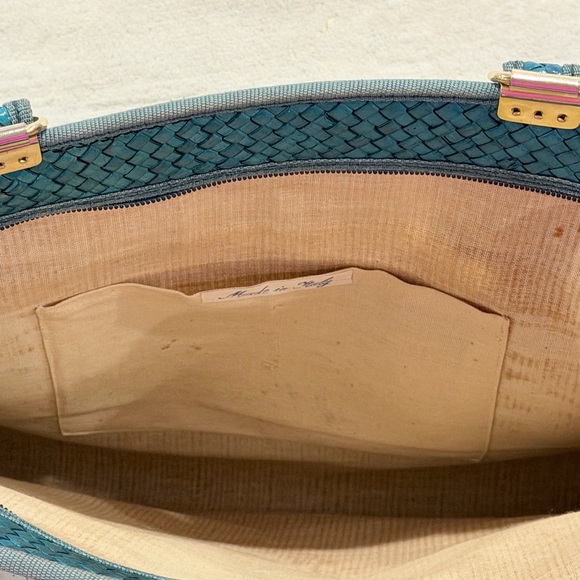 Vintage Woven Straw Tote Bag Colorblock Pink Teal Mustard Made in Italy - Picture 7 of 10